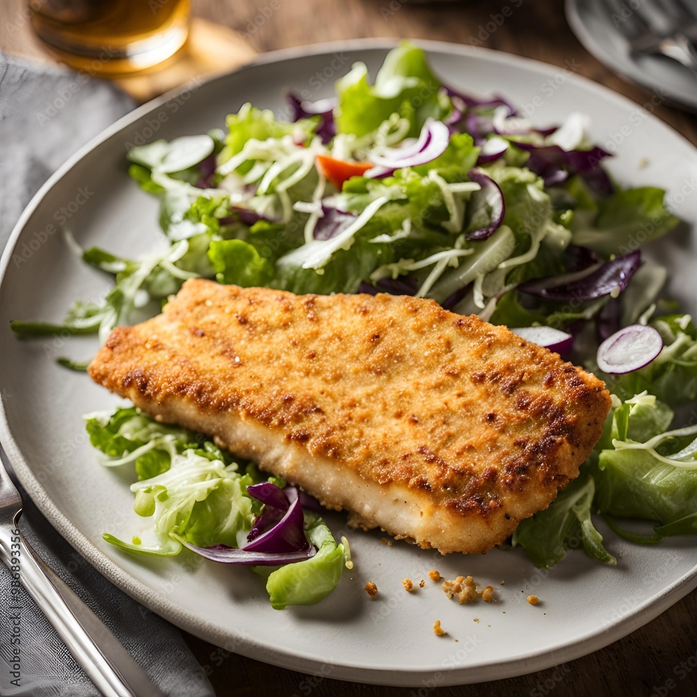 Breaded fish fillet with a side salad on a plain stoneware plate
Breaded fish fillet with a side salad on a plain stoneware plate