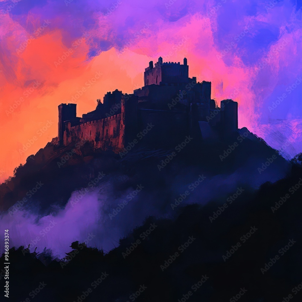Obraz premium An ancient castle perched on a hill, silhouetted against the colorful dusk sky, with a slight mist adding a mystical touch.