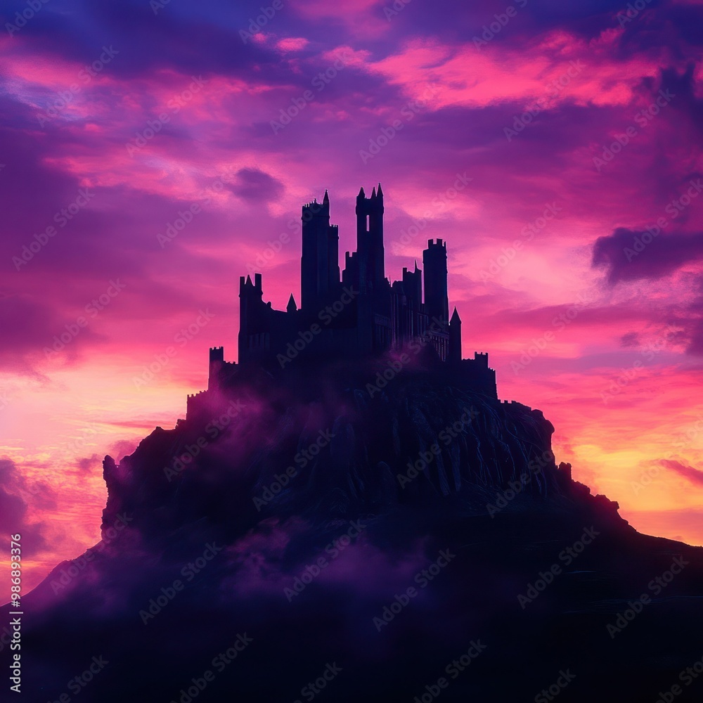 Obraz premium An ancient castle perched on a hill, silhouetted against the colorful dusk sky, with a slight mist adding a mystical touch. 