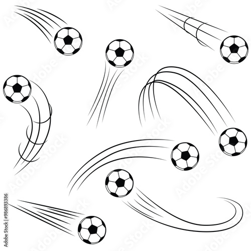 Set of football balls with motion lines illustration.	
