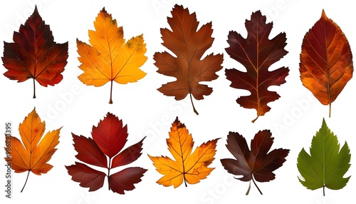 Vibrant Collection of Autumn Leaves in Red, Brown, Yellow, and Ocher on White Background