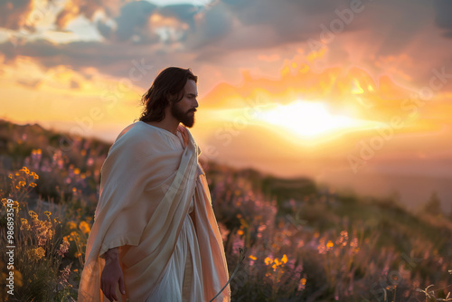 Serene portrait of Jesus Christ walking in a blooming field at sunset, radiating a sense of peace and divinity amid nature. photo