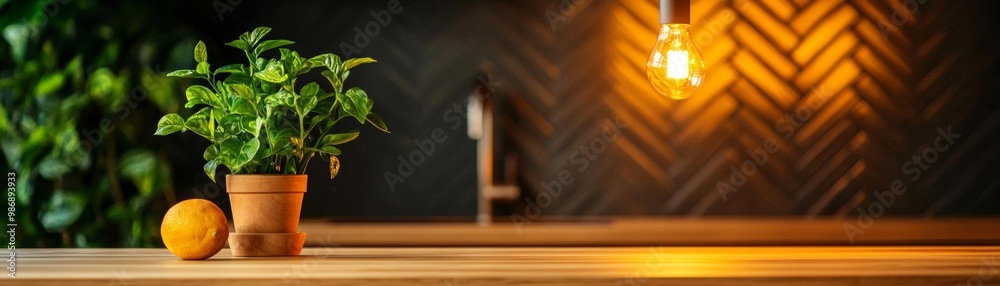 Fototapeta premium Modern kitchen with light wooden cabinetry and a herringbone tile backsplash