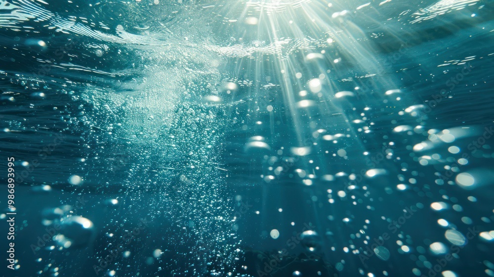 Bubbles rising towards the surface in clear blue water, with light rays penetrating from above. Bubbles rising towards the surface in clear blue water, with light rays penetrating from above.