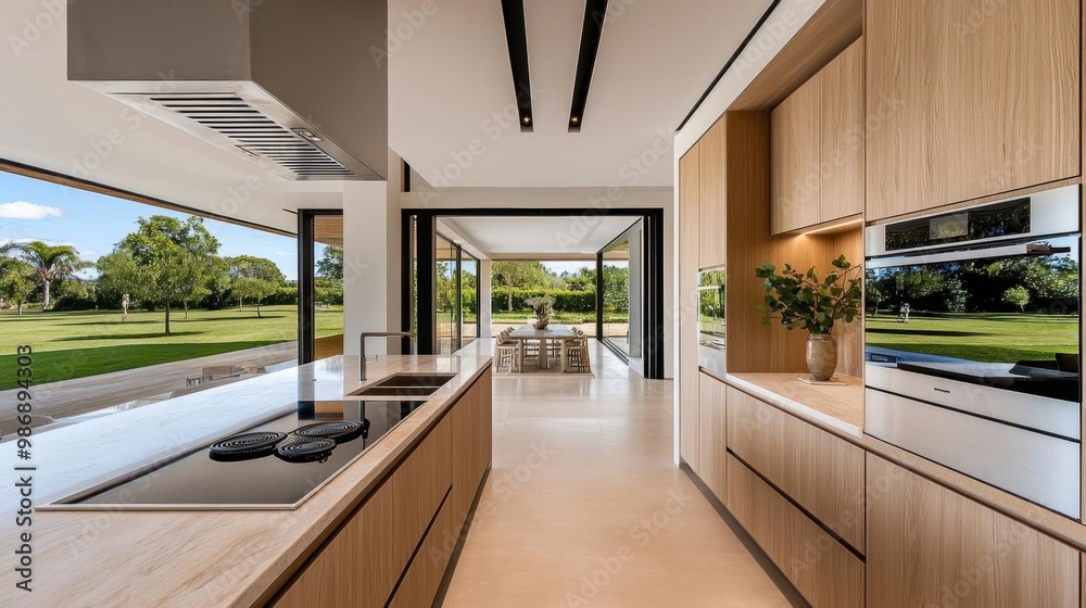 Open-plan kitchen with natural wood finishes and a granite slab backsplash