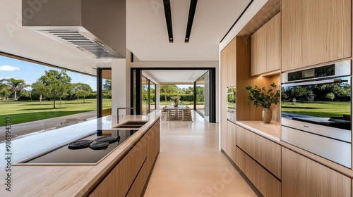 Open-plan kitchen with natural wood finishes and a granite slab backsplash