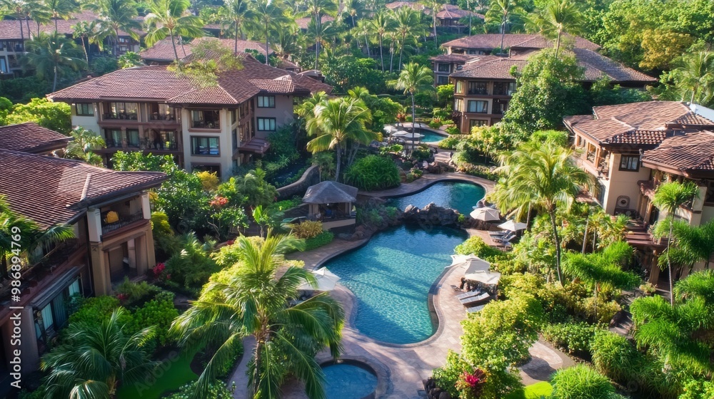 Aerial view of a Hawaiian vacation resort surrounded by tropical gardens Aerial view of a Hawaiian vacation resort surrounded by tropical gardens