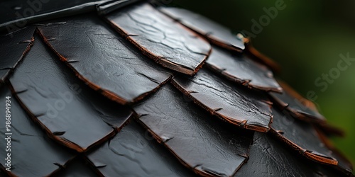 Close-up view of black leather-like armor plates, displaying intricate details and a sense of historical craftsmanship. photo