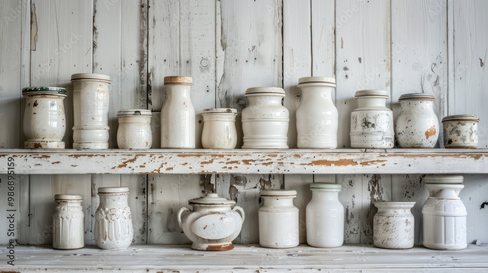Collection of antique milk glass jars with lids, displayed on a shelf with a retro backdrop. Collection of antique milk glass jars with lids, displayed on a shelf with a retro backdrop.
