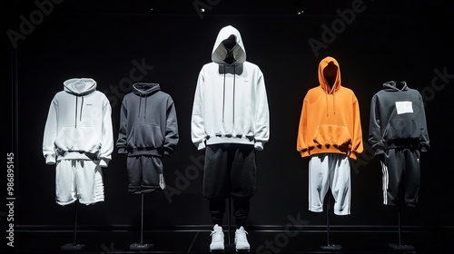 Five stylish hooded sweatshirts and sweatpants displayed on mannequins against a black background. photo