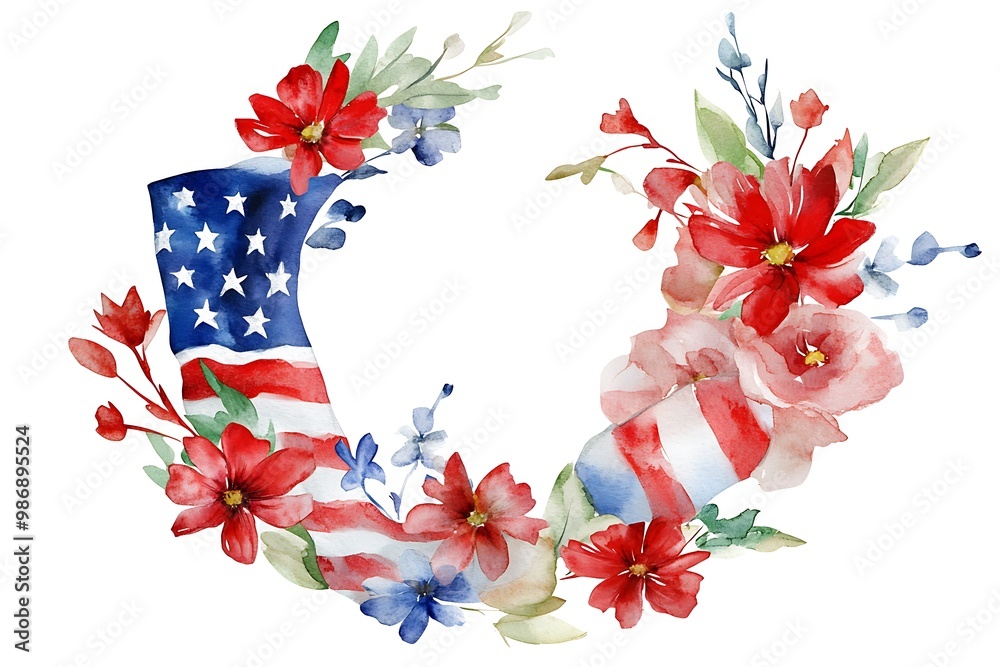 Obraz premium A floral American ,Floral American flag isolated on a white background