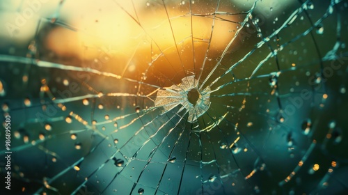 Cracked glass with reflections of the surrounding environment, emphasizing the break