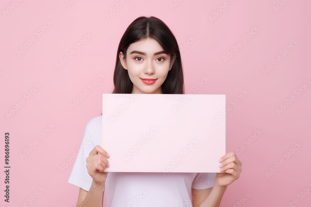 Photo of brunette millennial lady with pink hair hold poster wear pink jumper isolated on pink color background Photo of brunette millennial lady with pink hair hold poster wear pink jumper isolated on pink color background
