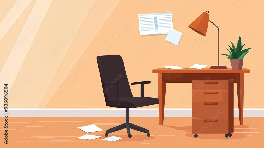 An inviting office scene featuring a chair, desk, and lamp with a potted plant, ideal for workspace inspiration. An inviting office scene featuring a chair, desk, and lamp with a potted plant, ideal for workspace inspiration.