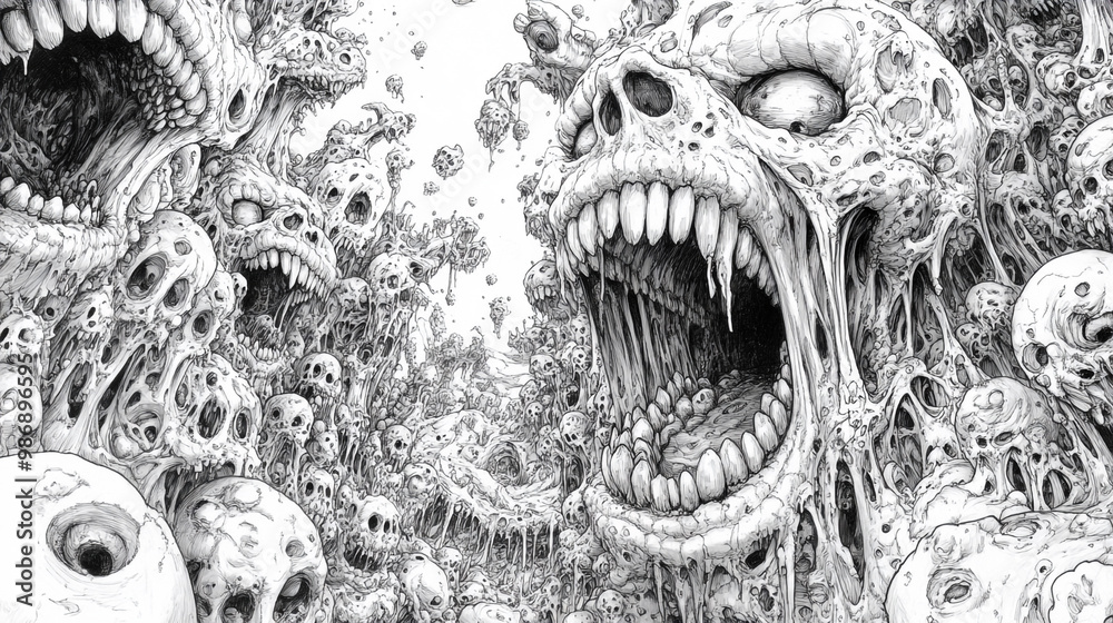 Naklejka premium A haunting black and white illustration filled with grotesque skulls, monstrous faces, and eerie, twisted forms creating a surreal atmosphere.