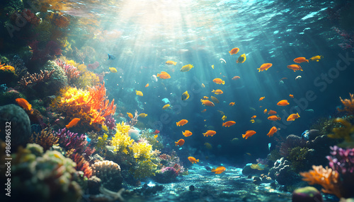 A dreamy underwater scene with schools of colorful fish, corals, and rays of sunlight penetrating through the water’s surface