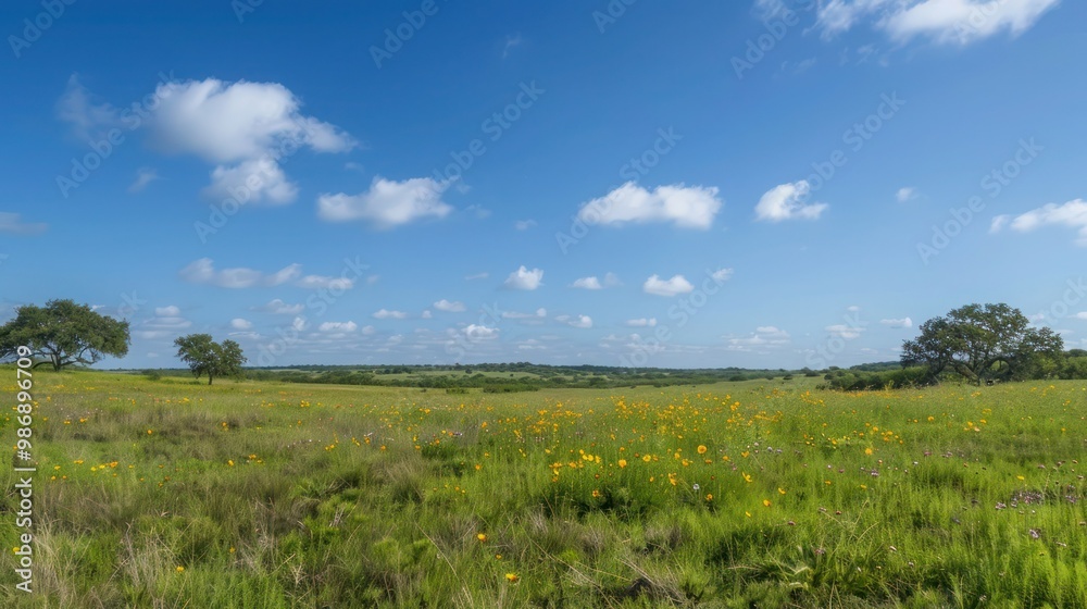 Expansive savanna grasslands with patches of wildflowers and scattered trees under a clear blue sky. Expansive savanna grasslands with patches of wildflowers and scattered trees under a clear blue sky.