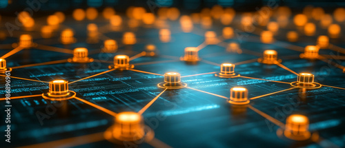 A vibrant abstract representation of a digital network, showcasing interconnected nodes with glowing elements against a dark background.