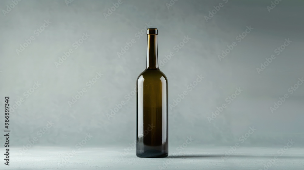 Glass bottle with a label, positioned against a plain background with strong lighting