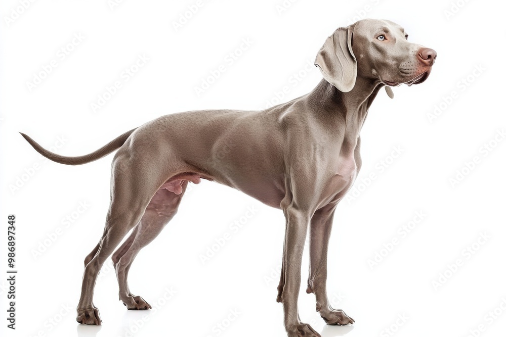 Weimaraner dog standing on white background, isolate, Weimaraner dog standing on white background, isolate,