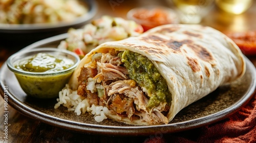 A beautifully plated carnitas burrito smothered in hot green chile, showcasing vibrant colors and appetizing textures. The image captures the essence of flavorful Mexican cuisine