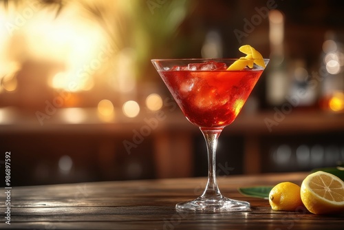 Cocktail Hanky Panky deep red colored placed on the right side of the table with a lemon twist on the table. Blurred bar with sunlight in the background.