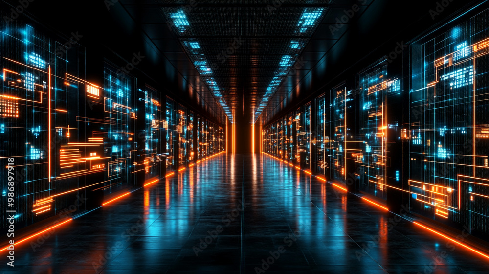 Futuristic data center hallway with glowing lines and digital displays, showcasing modern technology and innovation in a server room. Futuristic data center hallway with glowing lines and digital displays, showcasing modern technology and innovation in a server room.