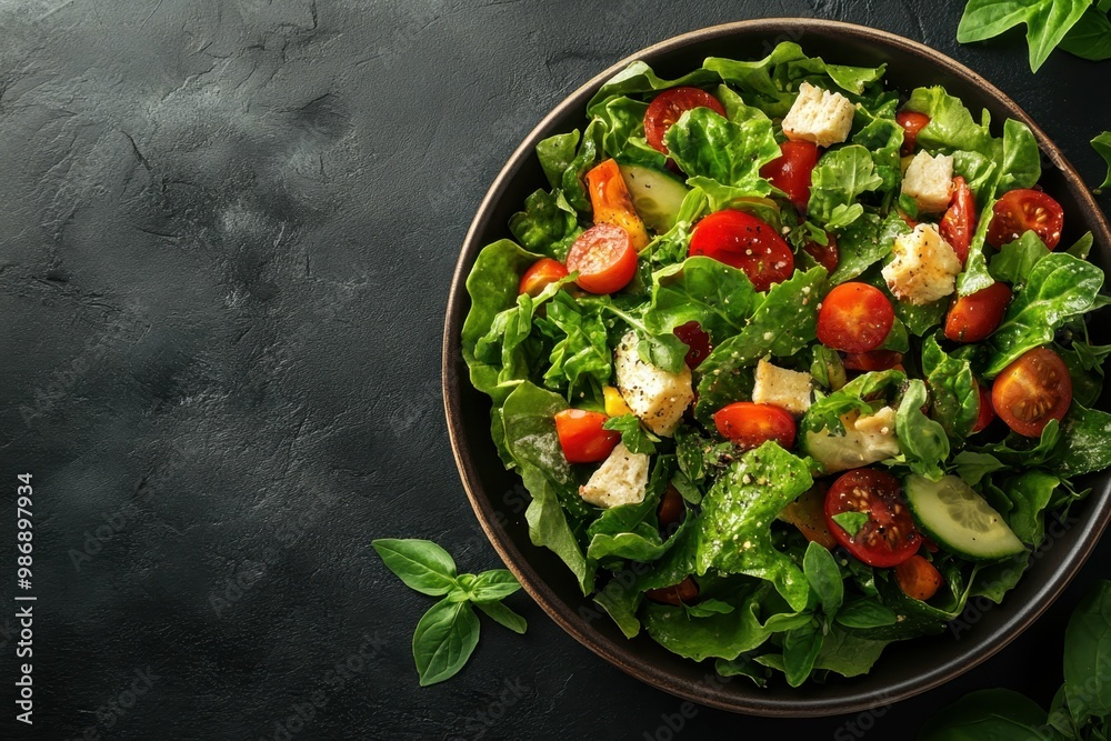 Vibrant rainbow salad with a variety of vegetables, placed on the right side of a dark stone table, professional overhead shot. Vibrant rainbow salad with a variety of vegetables, placed on the right side of a dark stone table, professional overhead shot.