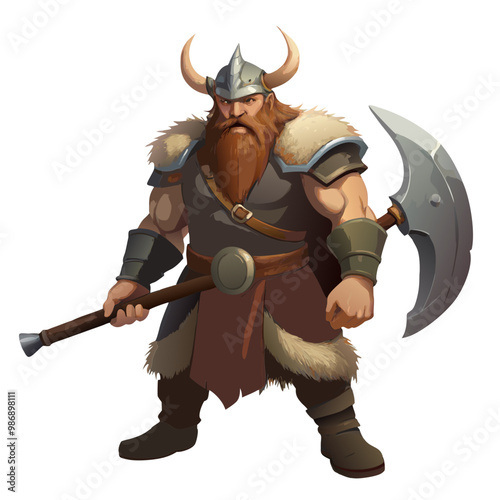 Viking nordic warrior with big axe weapon vector image, isolated on white background
