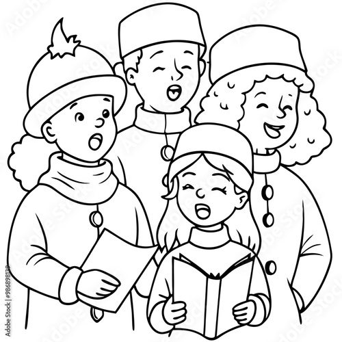 Joyful Christmas Carolers: A heartwarming black and white illustration of four children singing Christmas carols, their faces beaming with joy.  Perfect for creating a cozy and festive holiday mood. 