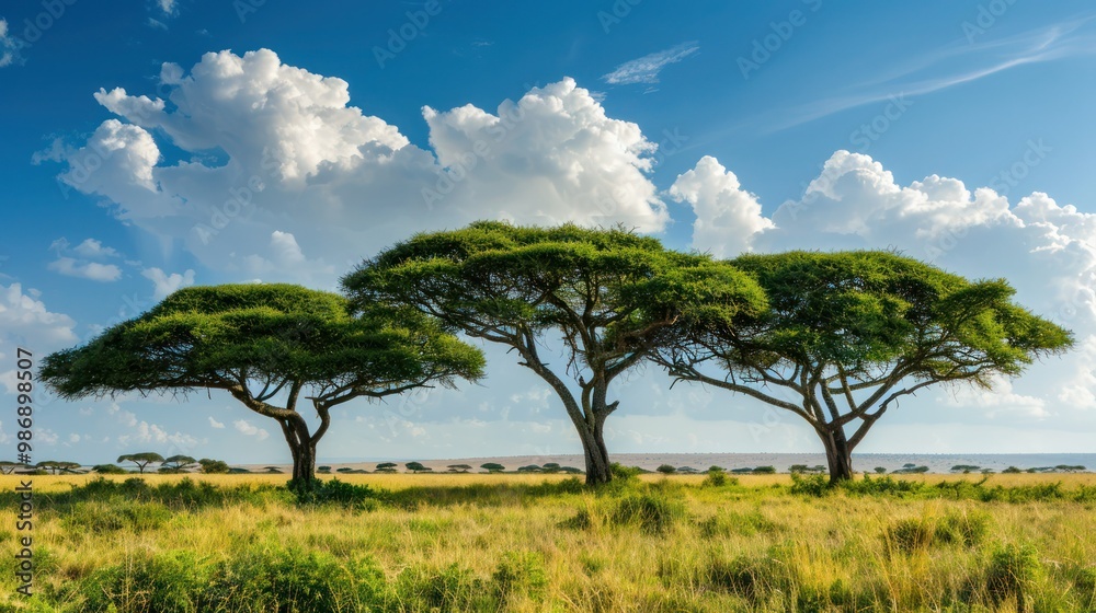Iconic acacia trees standing tall in the savanna, with their distinctive umbrella-shaped canopies. Iconic acacia trees standing tall in the savanna, with their distinctive umbrella-shaped canopies.