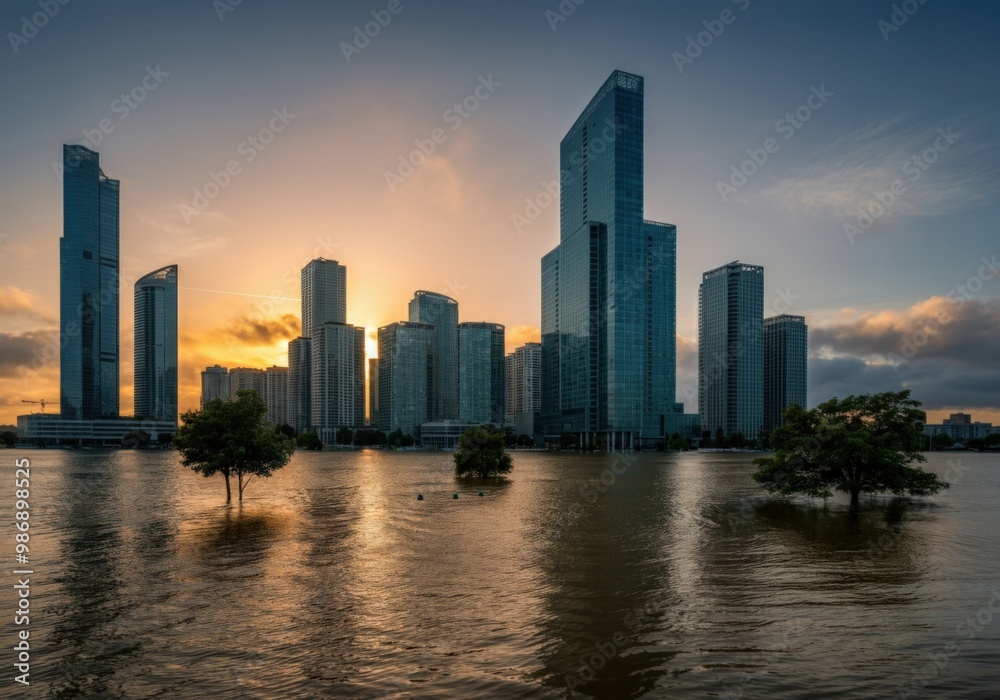 Cityscape with Skyscrapers Reflected in Water at Sunset Cityscape with Skyscrapers Reflected in Water at Sunset