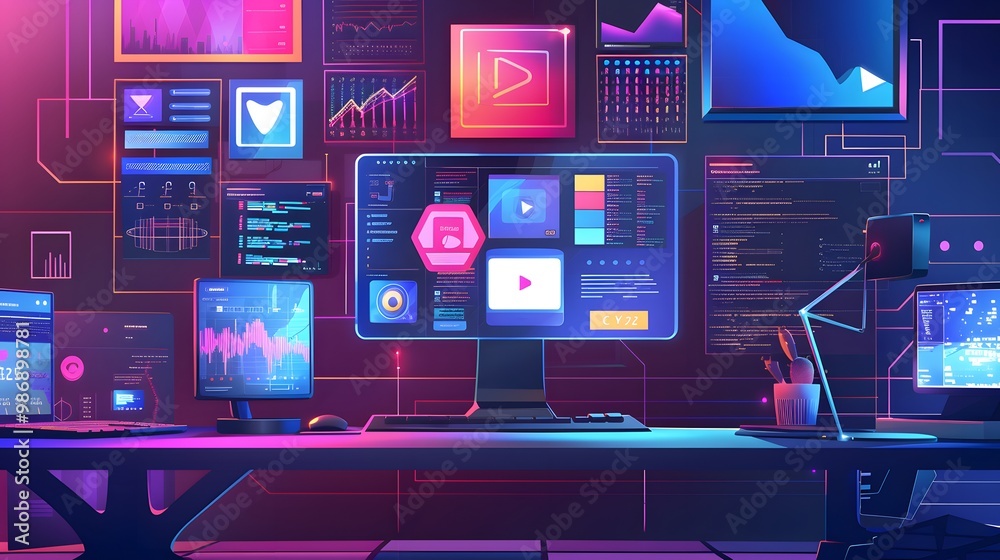 Digital workspace showcasing the concept of digital content, social network services, streaming video, and NFTs. Digital workspace showcasing the concept of digital content, social network services, streaming video, and NFTs.