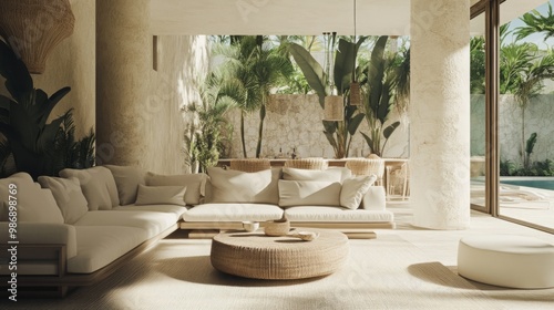 A stunning villa showcasing the breathtaking scenery of Cancun, adorned in a pale blue and beige color scheme. The neutral palette, combined with soft natural light, creates a serene ambiance photo