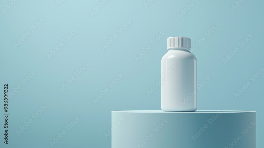 White plastic bottle on a blue background, ideal for product packaging.