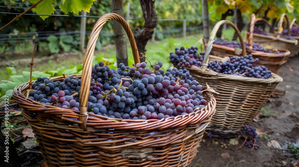 Ripe grape bunches harvested, collected in a woven basket in a vineyard Agriculture plantation Viticulture Healthy organic sweet, juicy purple fruit Wine making Rural farm Natural food Autumn season Ripe grape bunches harvested, collected in a woven basket in a vineyard Agriculture plantation Viticulture Healthy organic sweet, juicy purple fruit Wine making Rural farm Natural food Autumn season