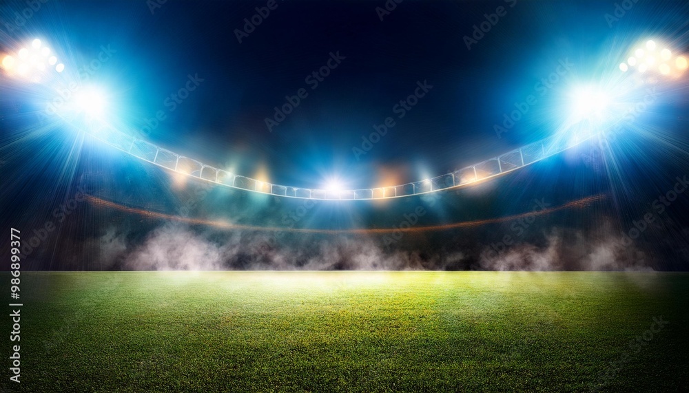 A dramatic and captivating image of an empty stadium, illuminated by bright blue lights and filled with a smoky atmosphere A dramatic and captivating image of an empty stadium, illuminated by bright blue lights and filled with a smoky atmosphere