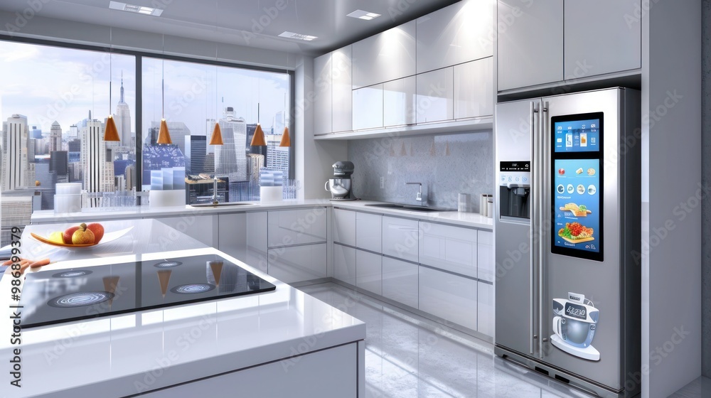 Modern kitchen with smart appliances, including a smart fridge, oven, and tablet showing a recipe app. Modern kitchen with smart appliances, including a smart fridge, oven, and tablet showing a recipe app.