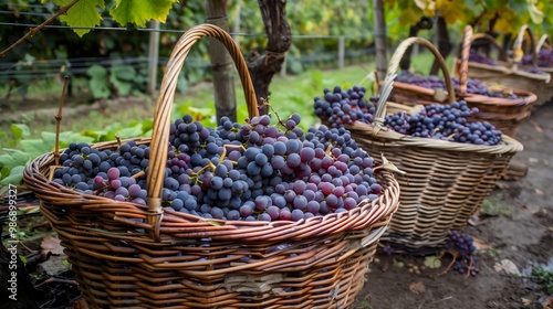 Ripe grape bunches harvested, collected in a woven basket in a vineyard Agriculture plantation Viticulture Healthy organic sweet, juicy purple fruit Wine making Rural farm Natural food Autumn season 