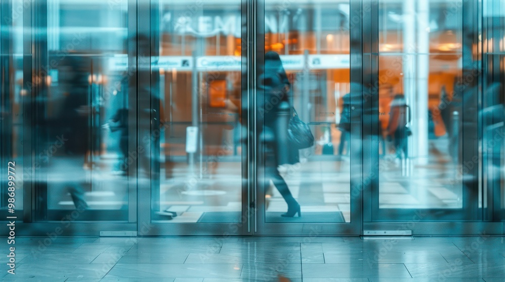 Reflection of a person in a glass door, with a blurred background Reflection of a person in a glass door, with a blurred background