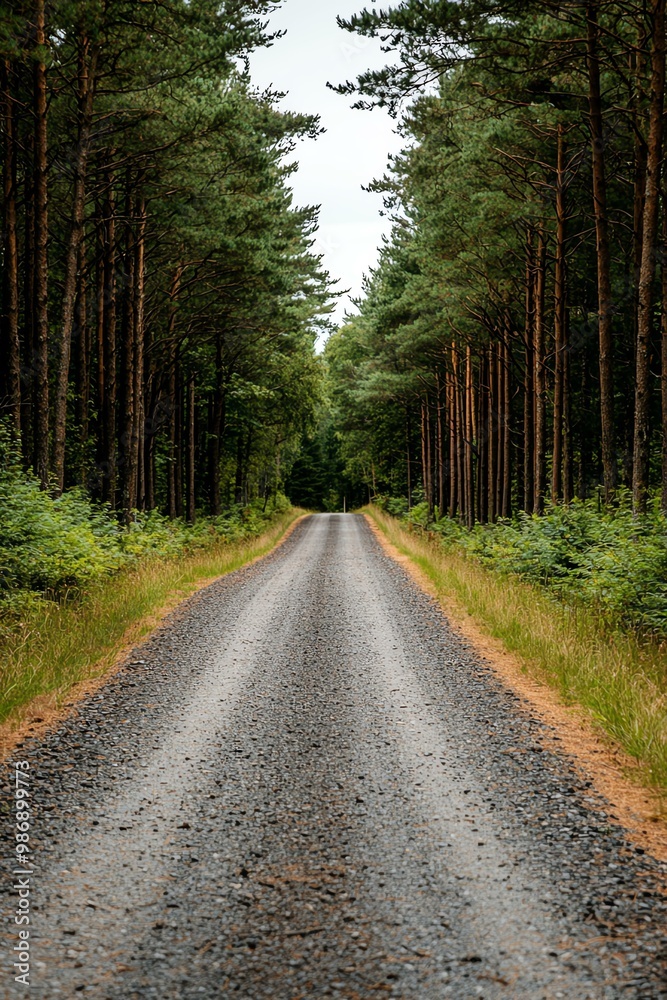 A serene gravel road lined with tall trees, leading into a lush green forest under a calm sky. A serene gravel road lined with tall trees, leading into a lush green forest under a calm sky.