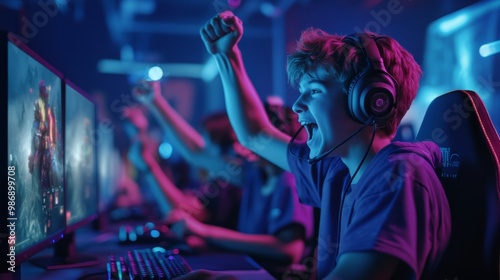 A young gamer celebrates a victory, immersed in an intense gaming environment with colorful lighting and focused players. photo