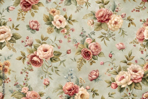 Vintage floral pattern with delicate roses on soft green