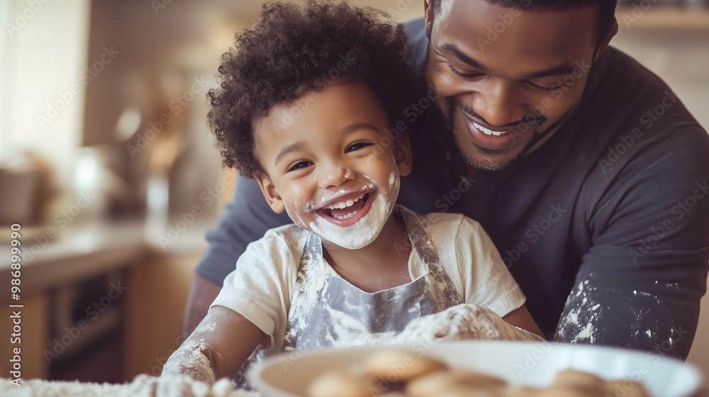 African American father and toddler son laughing in the kitchen cuisine, baking cookies together Face covered with flour Food or dessert preparation Family bonding Kneading a dough Making a pastry African American father and toddler son laughing in the kitchen cuisine, baking cookies together Face covered with flour Food or dessert preparation Family bonding Kneading a dough Making a pastry