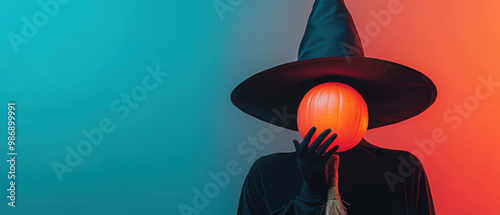 Mysterious figure in a witch hat holding a glowing orange pumpkin against a vibrant colored background, embodying the spirit of Halloween. photo