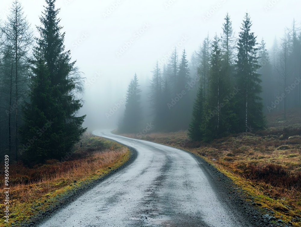 A winding road through a misty forest, surrounded by tall evergreen trees and soft, muted colors, creating a serene and mysterious atmosphere. A winding road through a misty forest, surrounded by tall evergreen trees and soft, muted colors, creating a serene and mysterious atmosphere.