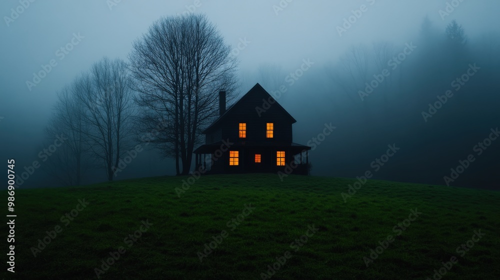 A mysterious house illuminated at night amidst a foggy landscape, evoking feelings of intrigue and solitude. A mysterious house illuminated at night amidst a foggy landscape, evoking feelings of intrigue and solitude.