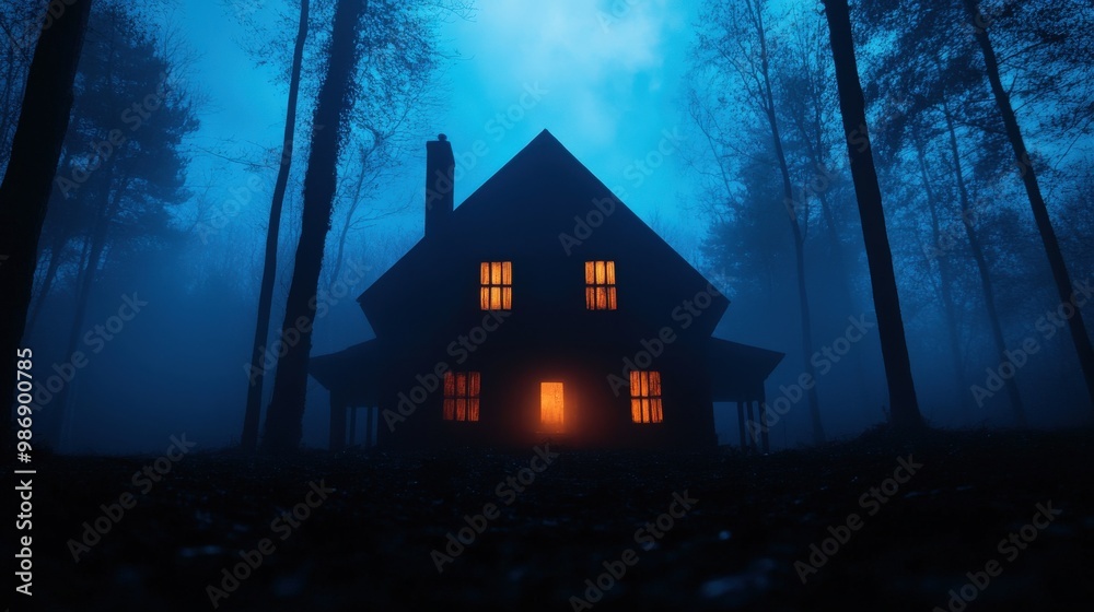 A mysterious house illuminated by warm light, surrounded by an eerie fog and tall trees, creating an atmospheric, haunting scene. A mysterious house illuminated by warm light, surrounded by an eerie fog and tall trees, creating an atmospheric, haunting scene.