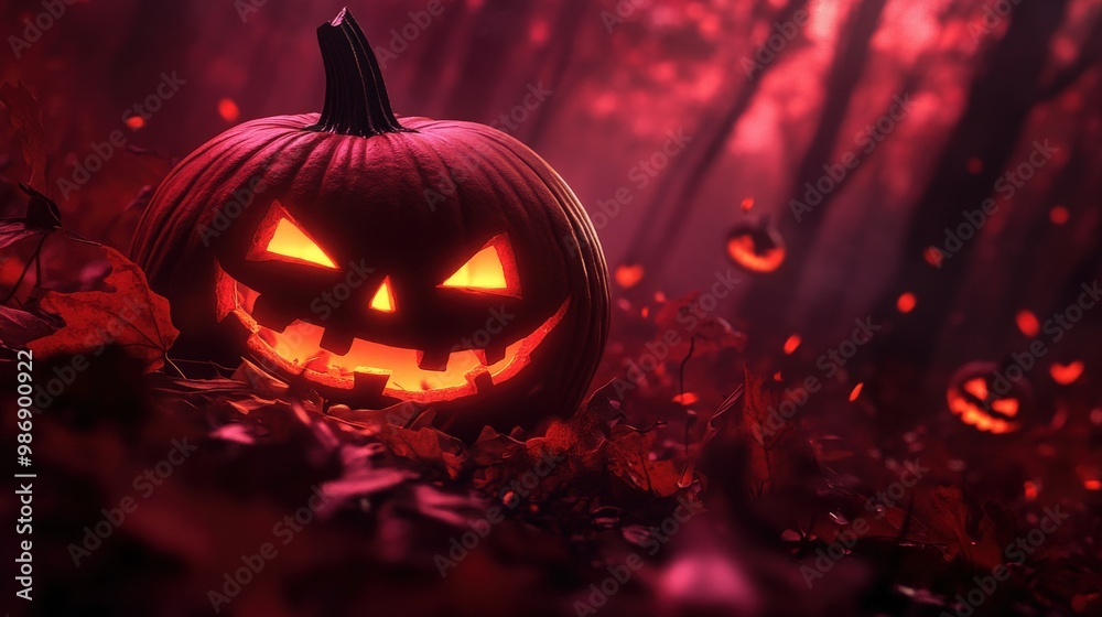 Fototapeta premium A spooky Halloween scene featuring a glowing pumpkin surrounded by autumn leaves in a dark, eerie forest.