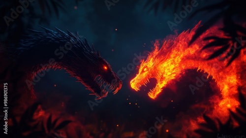 Epic battle between dark and fiery dragons, set in a mystical forest, showcasing intense colors and dramatic atmosphere.